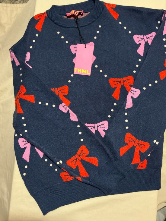 THML Sweaters - THML Navy Bow-Print Crew Neck Sweater with Pink & Red Bows